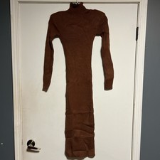 Brown Ribbed Knit Midi Dress Mock Neck Bodycon Long Sleeve ASTR Size S