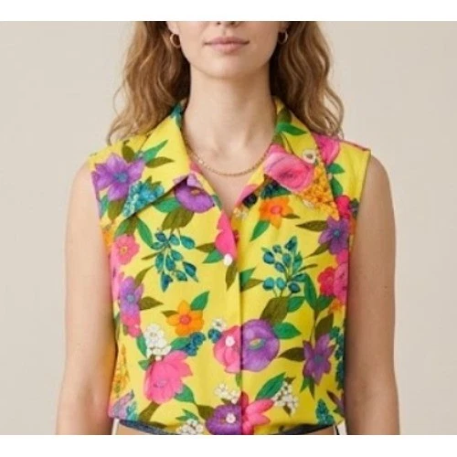 Vintage 1960s Floral Button Up Top Retro Exagerated Collar Tropical Size M