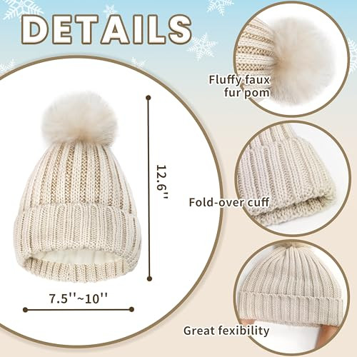 Winter Hat Scarf Glove Set for Women, Thermal Beanie with Pom Pom, Cream - Picture 4 of 7