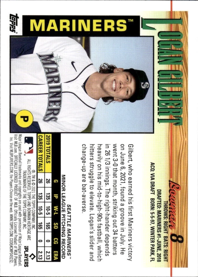 2021 Bowman Heritage #8 Logan Gilbert Seattle Mariners Rookie - Image 2 of 2