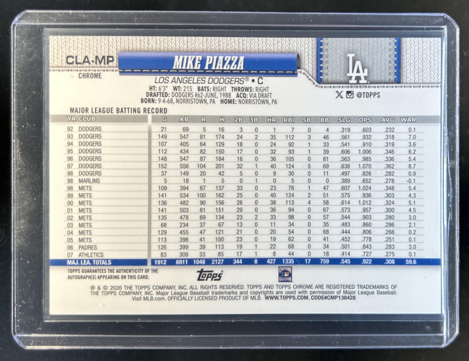 2026 Topps Chrome Mike Piazza Legend Auto Gold Refractor SSP #/50 Dodgers view 2