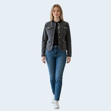 DKNY Jeans Women's Black Cropped Denim Military Style Jacket Stretch Faded L EUC