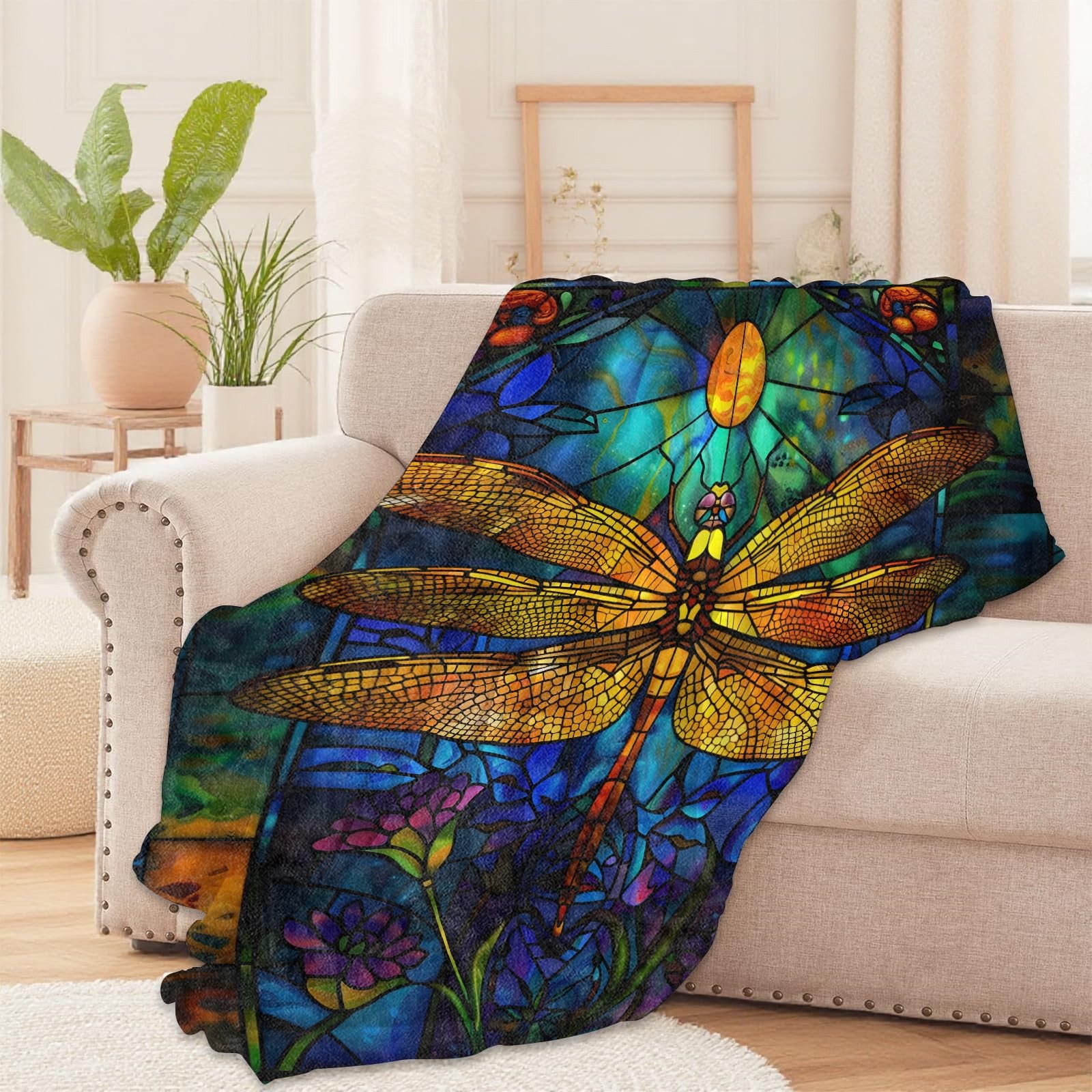 Stained Glass Dragonfly Throw Blanket for Boys Girls Kids Adults Women, Fuzzy...