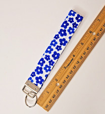 Blue Floral Wristlet Keychain - 100 Cotton Fabric Short Lanyard Wrist Lanyard