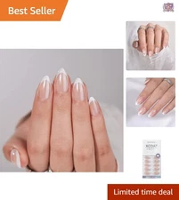 French Tip Press On Nails White Almond Medium Reusable Gel Fake Nails