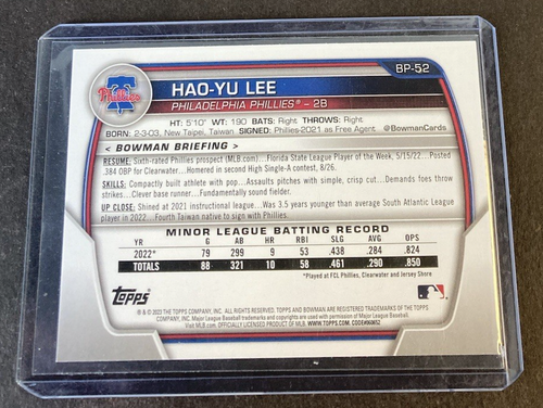2023 Bowman 1st Paper Hao-Yu Lee Sky Blue /499 #BP-52 - Picture 2 of 2