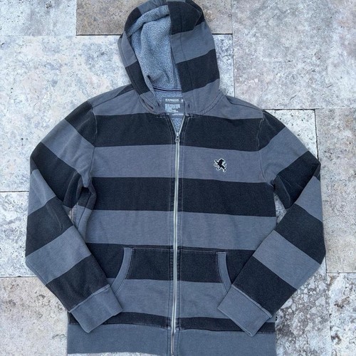 Express Men's Gray/Black Striped Fleece Full Zip Hoodie w/ Pockets Size M