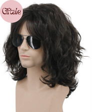 California 70S 80S Rocker Wig Men Women Long Curly Dark Brown Halloween Costume