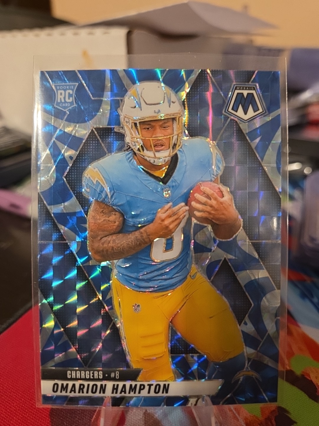 2025 Panini Mosaic Reactive Blue Omarion Hampton RC #335 Los Angeles Chargers