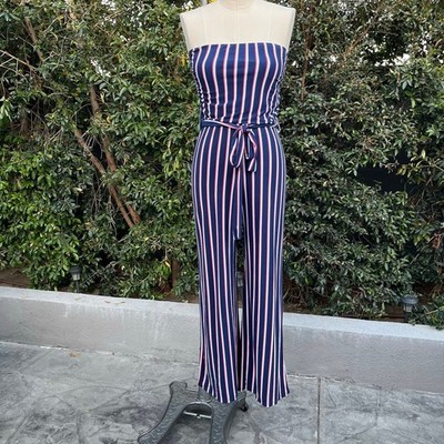 B Famous Striped Bandeau Sleeveless Wide Leg Jumpsuit Jumper Small Blue