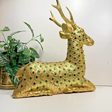 Vintage Gold Wood Deer With Green Jewels, Thai/Balinese Temple Deer, 16” Long