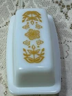 Vintage PYREX Milk Glass Covered Butter Dish Butterfly Gold Design with Lid