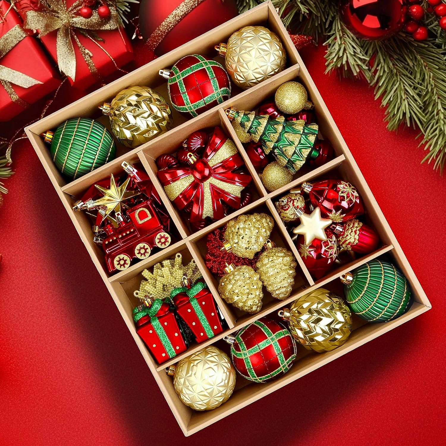 82Pcs Christmas Balls Ornaments Set, Delightful Classic Gift Set Gift Set, Shatt