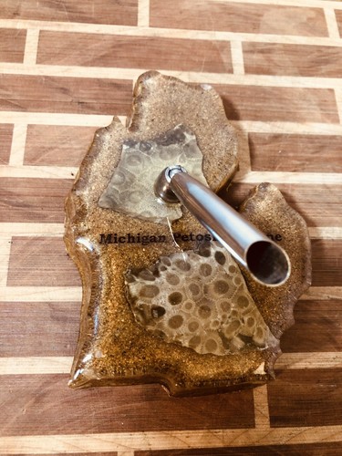 Vintage Lucite Swivel Pen Holder Michigan Petoskey Stone 3.5X4.5” Beach Shore