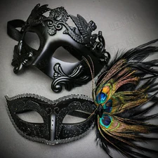 Venetian Black Warrior Half-Face & Black Glitter Feather Eye Ball Couple Mask