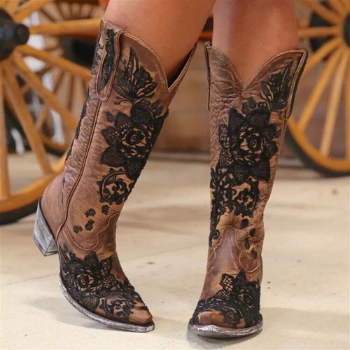 Stivali equitazione donna cowboy tacco a blocco scarpe western ricamo floreale al ginocchio - Foto 12 di 15