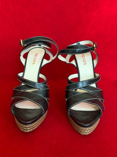Prada Black Leather Strappy Platform Sandals Size 40 - Picture 3 of 8