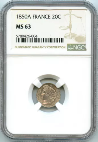 France Iind Republic 20 Cent. 1850 Paris NGC Ms 63