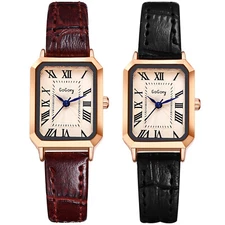 Women's Classic Retro Rectangle Dial Roman Numerals Leather Quartz Wrist Watch