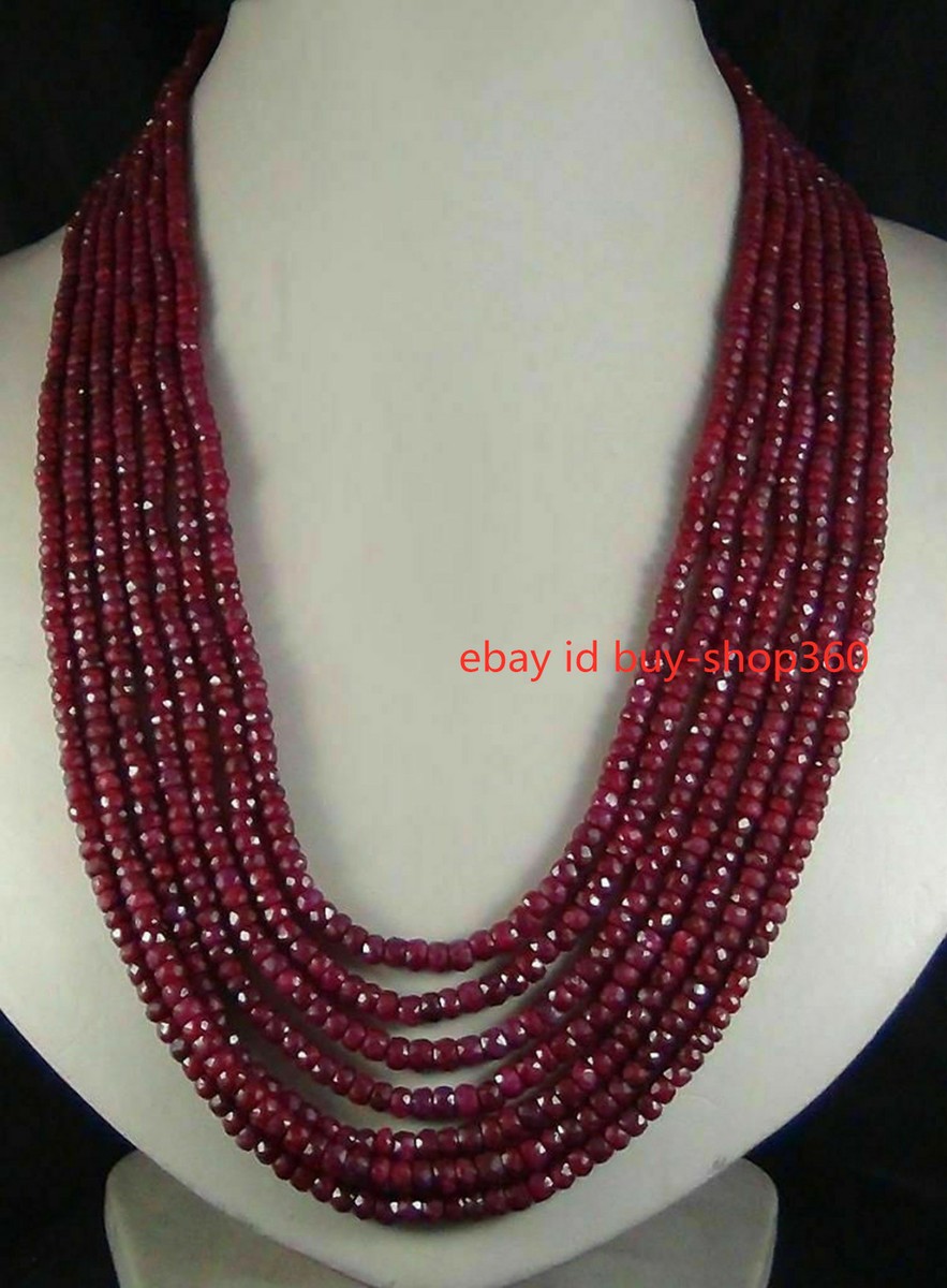7-Strand Natural Jade Faceted Bead Necklace - 2x4mm Red Jade Rondelles, 17-23" Adjustable Length, Handmade
