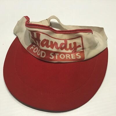 Handy Food Stores Vintage Visor Hat Red & White Grocery Polyester Strap 1970 s