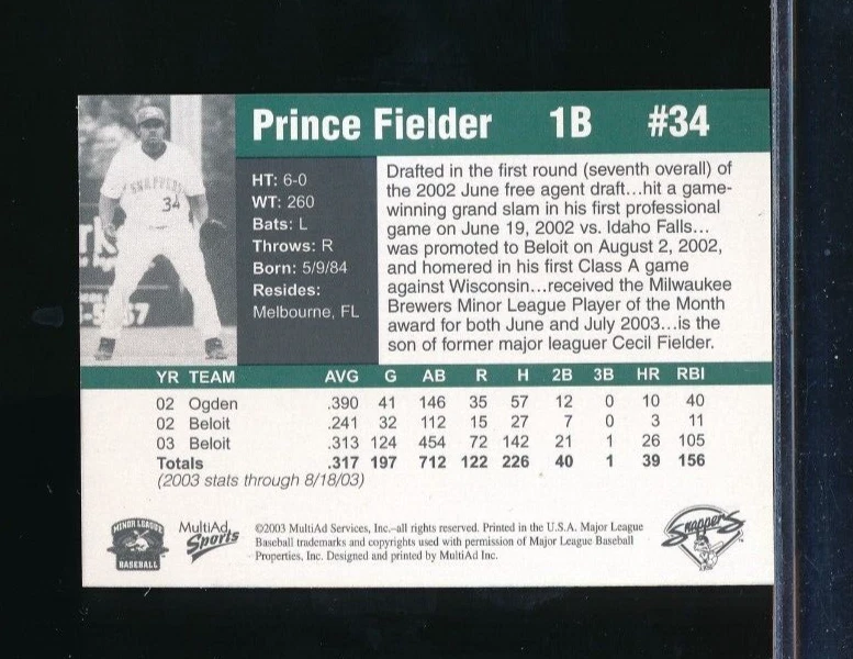 2003 Multi-ad Beloit Snappers #34 Prince Fielder XRC rookie mint gradable - Image 2 of 4