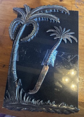 Silver Plated Godinger Cutting Board Palm Tree Charcuterie Black Marble Serving