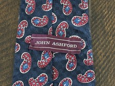 John Ashford Navy Blue Silk Tie Red Paisley Pattern Made in USA 3.5” Wide