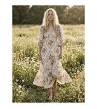 Free People Ivory Brown Floral Lace Puff Sleeve Maxi Dress Square Neck L