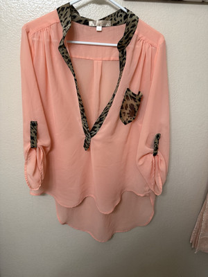 Penelope Blouse Sheer Peach W/ Leopard Print Accent. XL, Cottagecore Romantic