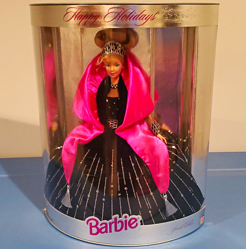 Mattel 1990s Happy Holidays Barbie Doll Pink Shawl Black Dress 12in NRFB