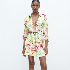 Zara Floral Satin Belted Shirt Dress Mini Vacation Resort Boho Chic Feminine