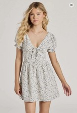 NWT white and blue floral corset dress with puffed sleeves V neckline