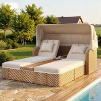 Garden Sun Lounger with Canopy, Rattan Lounge Set, Patio Conversation Furniture