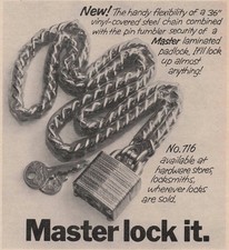 1970 Vintage Print Ad Master lock it 36” vinyl steel cvrd chain No. 716 Padlock