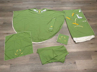 5 PIECE GREEN VESTMENT SET WITH GOLD AND SILVER ACCENTS