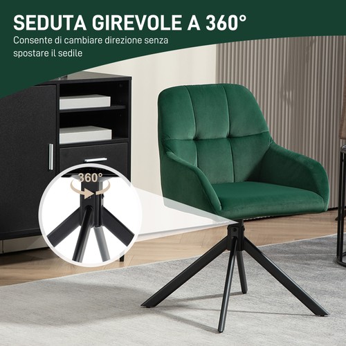 HOMCOM Poltrona in Velluto Moderna con Seduta Girevole e Gambe in Acciaio Verde - Foto 6 di 10