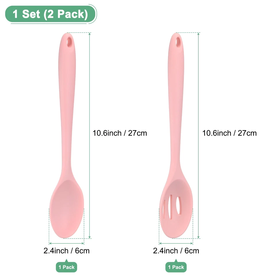 2 件装硅胶勺子用于烹饪,10.6 英寸开槽和实心汤匙 [粉红色] — 第 3/4 张图片