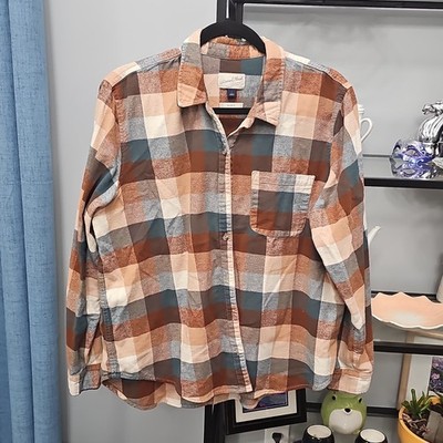 Universal Thread Brown Blue Rust Plaid Flannel Button-Up Shirt Men's L