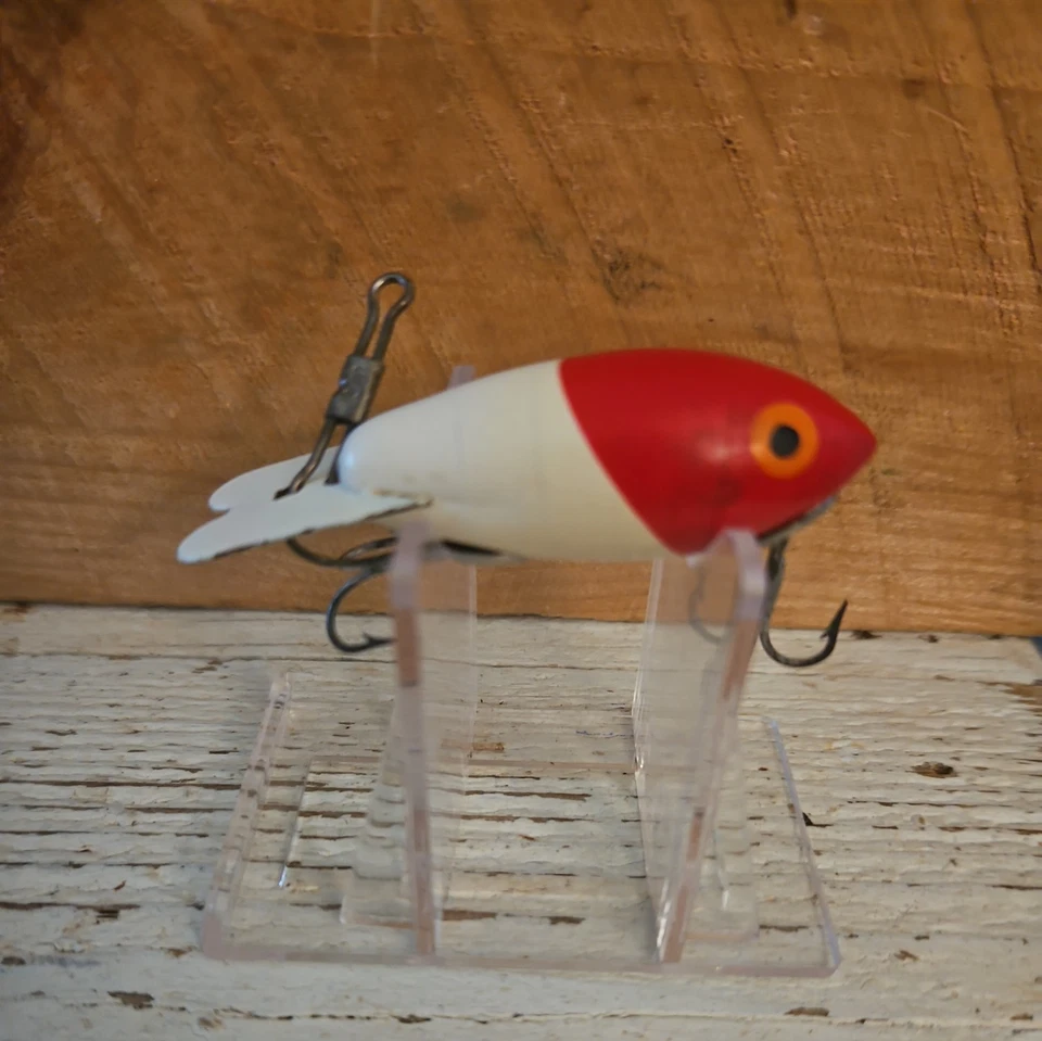 Vtg TEXAS LURE Bomber Lures "BABY BOMBER" #204. Red Head color. Wood Lure. - Image 2 of 4