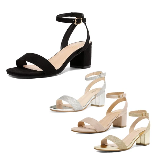 Women Low Chunky Heel Sandals Ankle Strap Open Toe Wedding Party Sandals Shoes - Picture 1 of 24