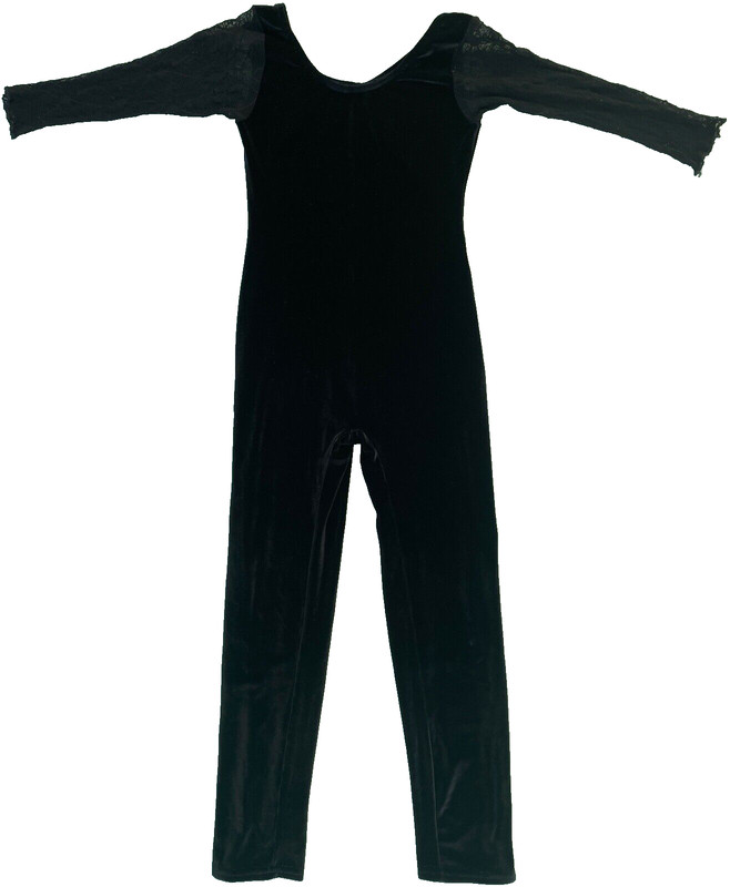 GIRLS BLACK VELOUR BODYSUIT Size M - Chest 22", 29" Long CATSUIT
