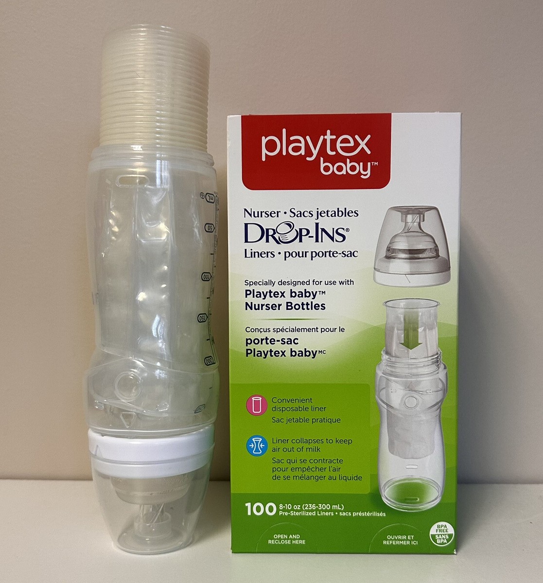 Playtex Nurser Drop-Ins Liners 8-10oz Nurser Bottle 100 ct Plus