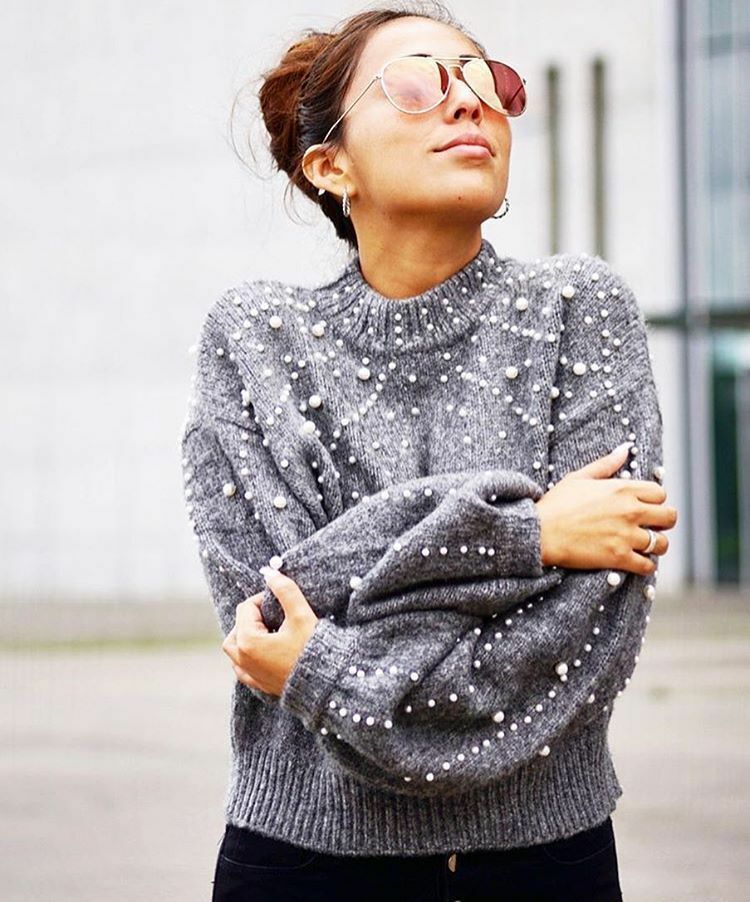 ZARA AUTHENTIC CROPPED SWEATER WITH FAUX PEARLS GREY SIZE M REF