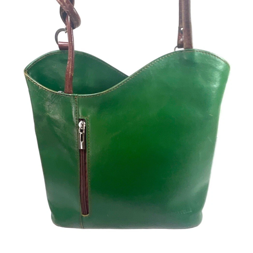Italian Leather Shoulder Bag Backpack green - brown detail by Vera Pelle 11