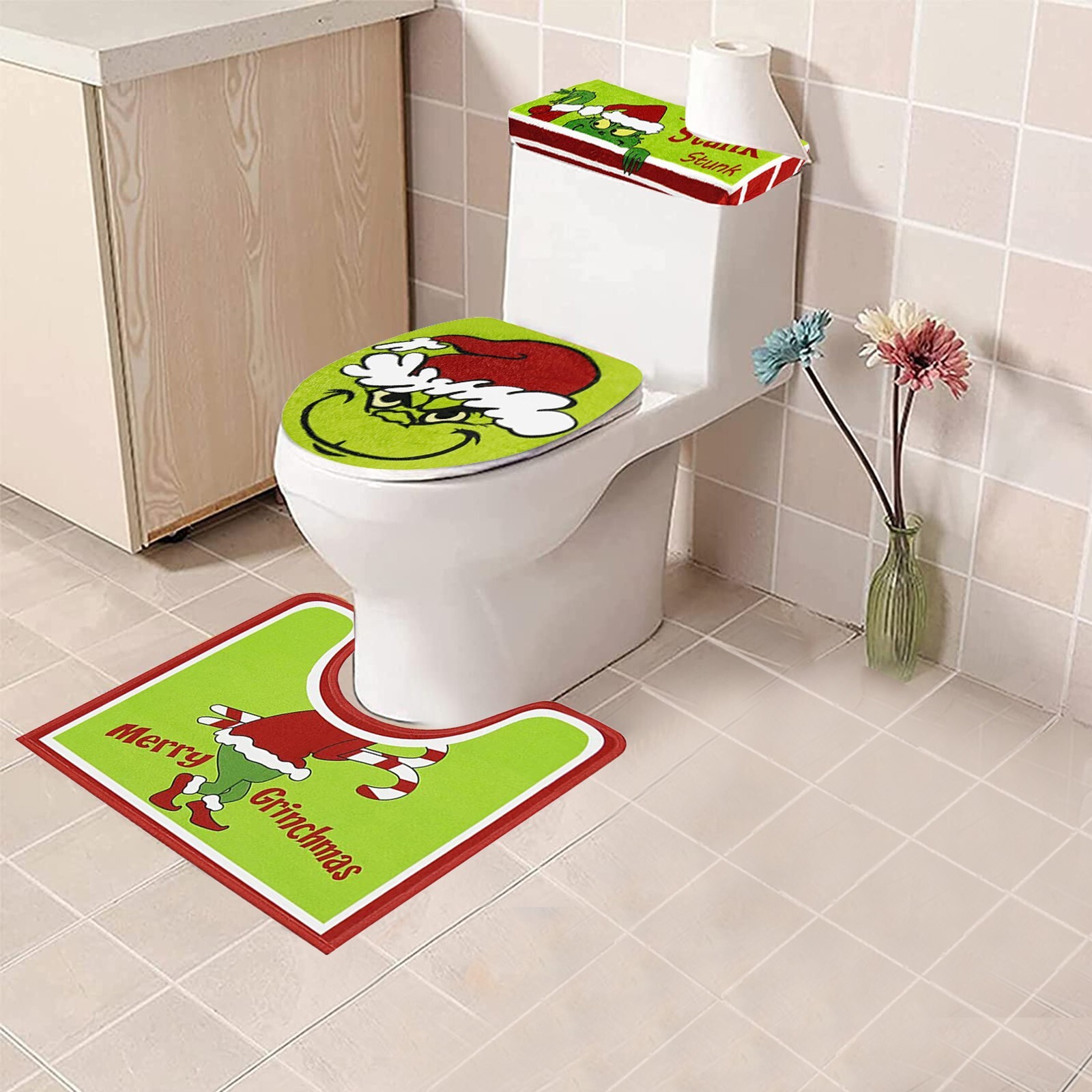 2023 Christmas Toilet Seat & Cover For Grinch Bathroom Mat Christmas