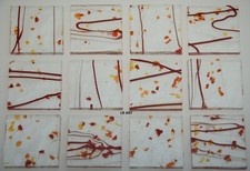 4224.00- 1"x 1" MARDI GRAS RED FRIT RED STREAMERS ON BULLSEYE 3mm GLASS 90 COE