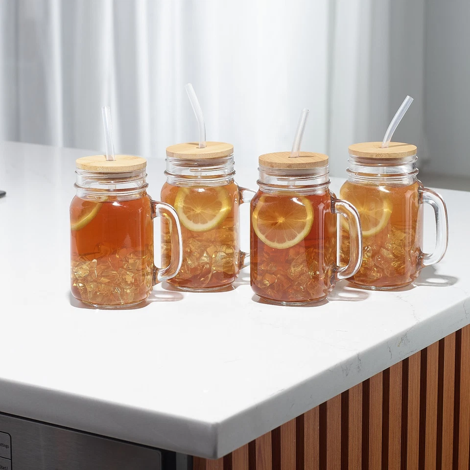 Tarros de vidrio de 4 piezas con tapas de bambú y pajita, tarro de albañil de 16 oz vasos para beber Foto 4 de 4