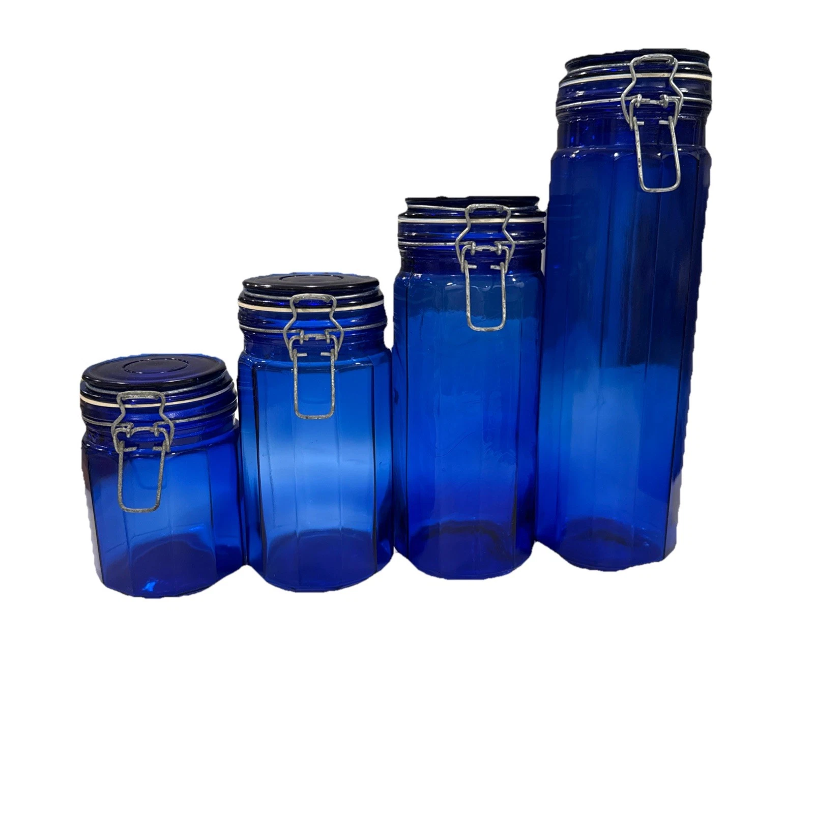 4 Vintage Cobalt Canister Wire Bale Closure with Rubber seals MCM Grandmacore