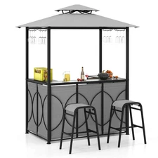 3 PCS Patio Bar Set w/ Tempered Glass Bar Table Metal Storage Shelves for Garden